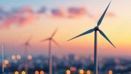 Wind turbines against a beautiful sunset, showcasing renewable energy technology and its integration into modern landscapes for a sustainable future.