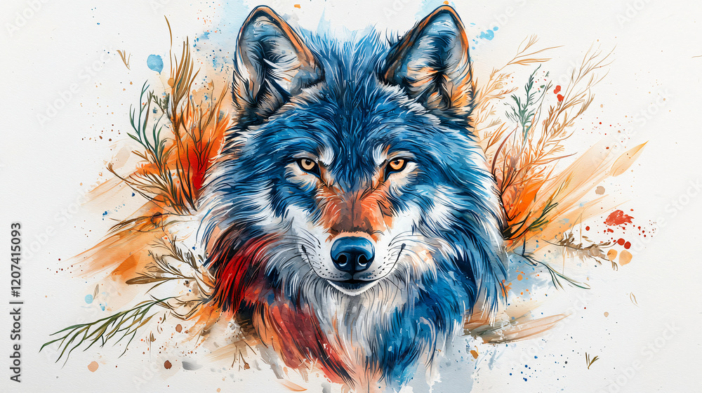 Expressive watercolor wolf with flowing strokes of blue, orange, and red, set against a clean white backdrop with nature-inspired accents.
