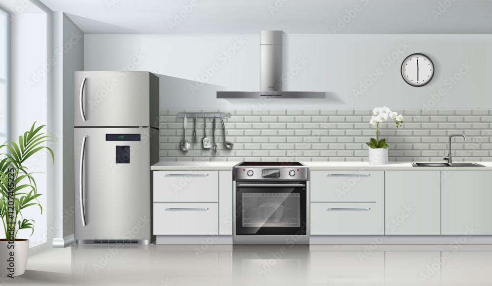 Fototapeta premium Vector modern light color realistic kitchen interior with gas stove and oven, cabinets, shelves, and fridge.