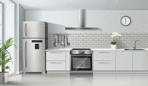 Vector modern light color realistic kitchen interior  with gas stove and oven, cabinets, shelves, and fridge.