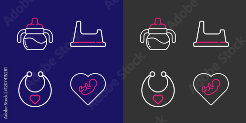 Set line Baby inside heart, bib, potty and bottle icon. Vector