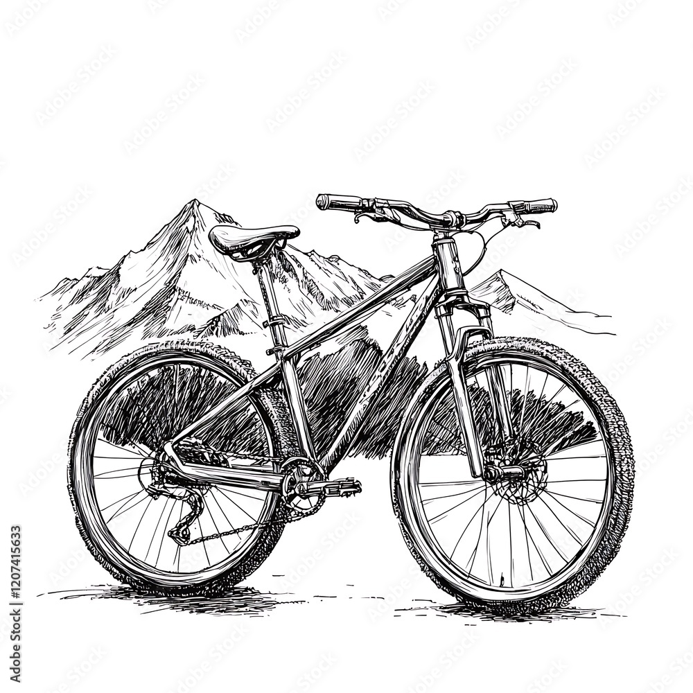 Mountain bike sketch against mountain backdrop. Mountain bike sketch against mountain backdrop.