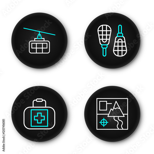 Set line Folded map, First aid kit, Snowshoes and Cable car icon. Vector