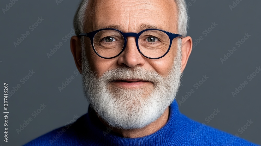 Man with glasses and a blue sweater is smiling. He has a beard and is wearing a blue sweater Man with glasses and a blue sweater is smiling. He has a beard and is wearing a blue sweater