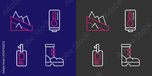 Set line Waterproof rubber boot, Identification badge, Meteorology thermometer and Mountain descent icon. Vector