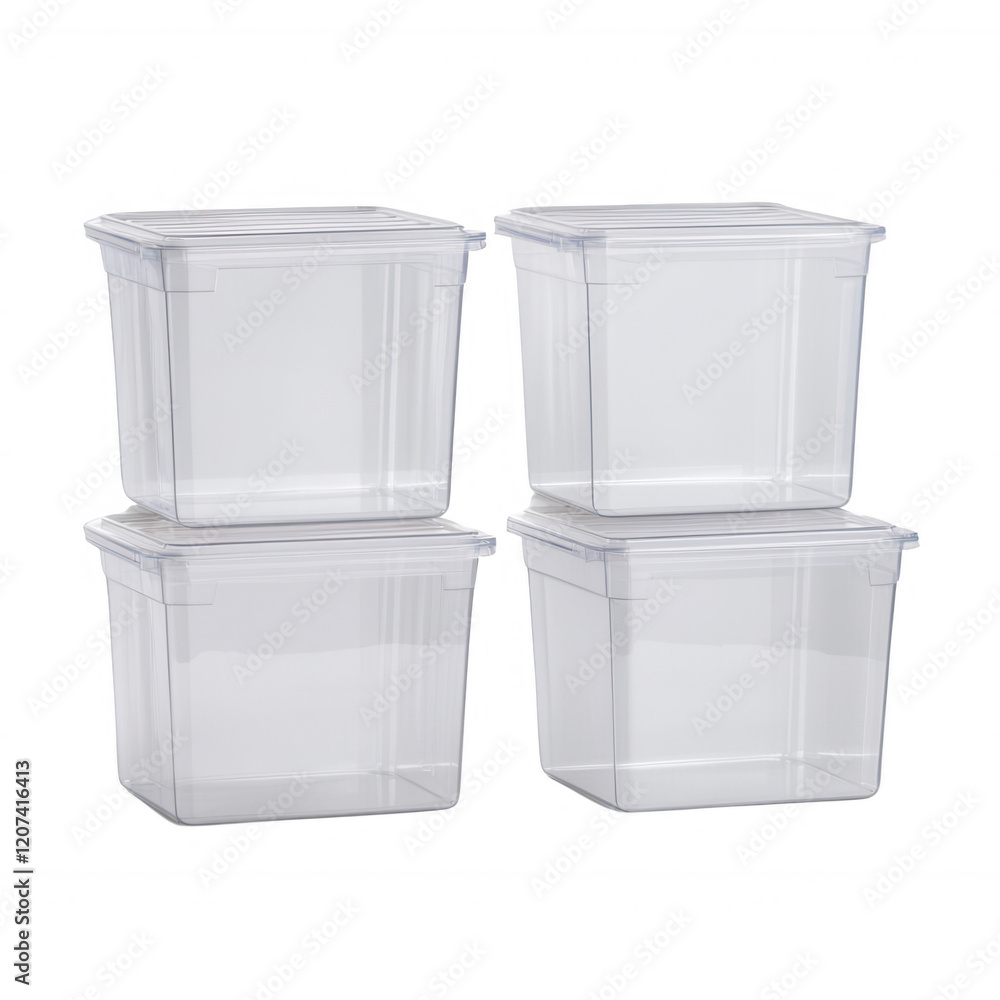 Transparent plastic storage containers stacked for organization and convenience., isolated on a transparent background. Transparent plastic storage containers stacked for organization and convenience., isolated on a transparent background.