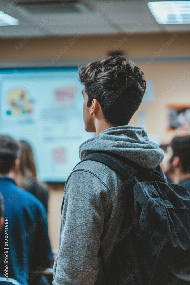 Fototapeta premium Young Man Attending Presentation Wearing Backpack