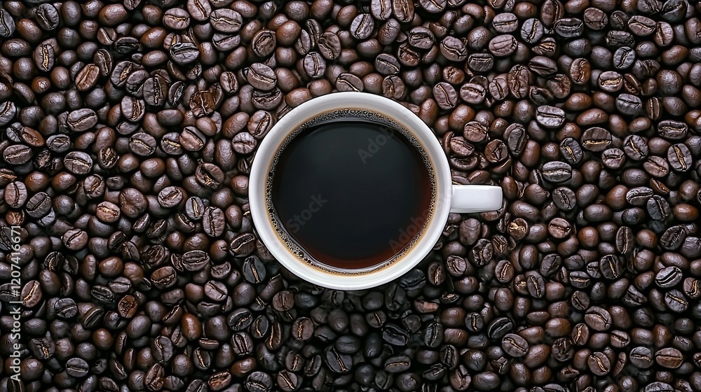 Fototapeta premium A cup of coffee surrounded by roasted coffee beans, highlighting the beverage's richness.