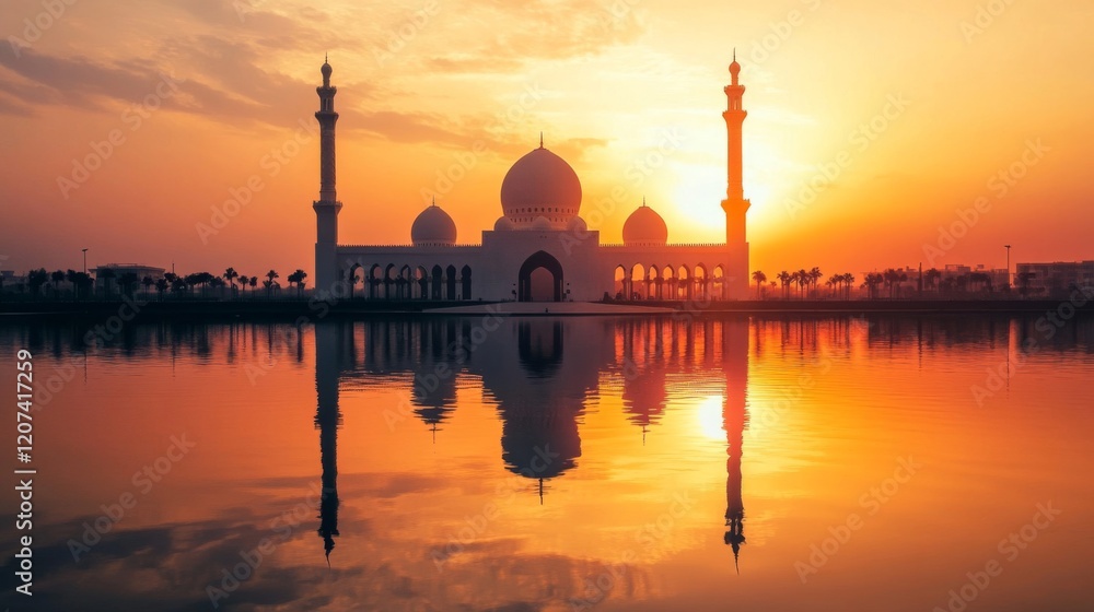 Majestic Mosque Silhouette at Sunrise with Water Reflection Majestic Mosque Silhouette at Sunrise with Water Reflection
