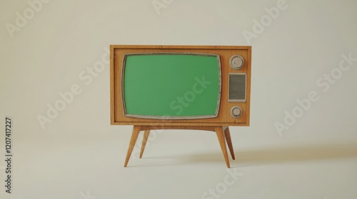 A vintage-style TV set with wooden casing and a green screen, standing prominently with its retro charm against a minimalist background. photo