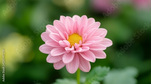 A close-up of a pink chrysanthemum flower surrounded by green foliage.