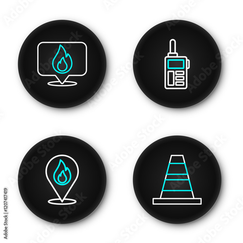 Set line Traffic cone, Location with fire flame, Walkie talkie and icon. Vector