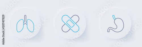 Set line Human stomach, Crossed bandage plaster and Lungs icon. Vector