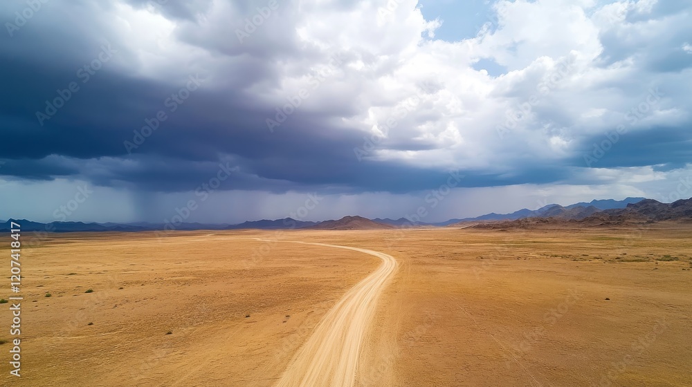 Scenic Desert Road Under Dramatic Sky with Dark Clouds and Distant Mountain Range Amidst Arid Landscape in a Remote Area Capturing Nature's Beauty Scenic Desert Road Under Dramatic Sky with Dark Clouds and Distant Mountain Range Amidst Arid Landscape in a Remote Area Capturing Nature's Beauty