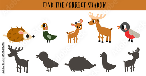 Find the correct shadow maze game puzzle exercise for kids. Forest animal, birds educational illustration printable page.