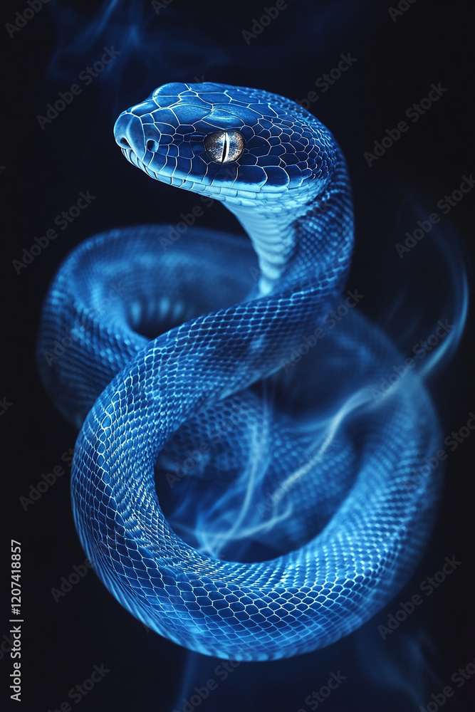 Fototapeta premium Blue snake with glowing scales and eyes on a dark background with smoke effects