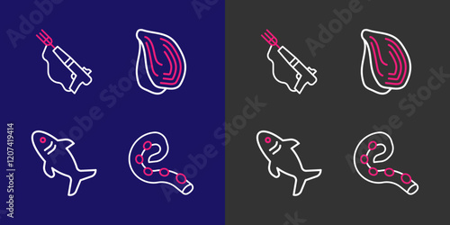 Set line Octopus of tentacle, Shark, Mussel and Fishing harpoon icon. Vector