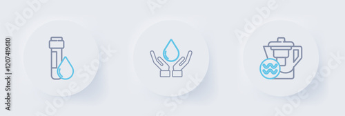 Set line Water jug with a filter, Washing hands soap and Test tube water drop icon. Vector