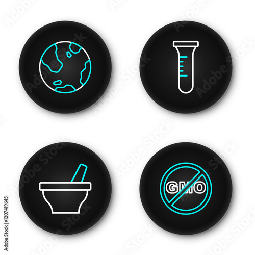 Set line No GMO, Mortar and pestle, Test tube flask and Earth globe icon. Vector