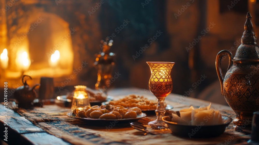 Fototapeta premium Warm Candlelit Table Setting with Dessert and Drinks