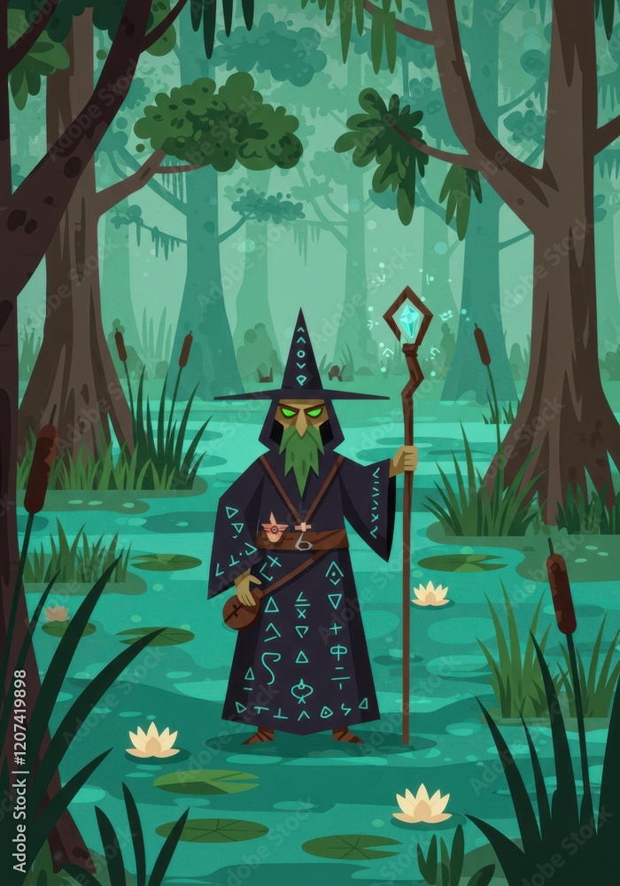 Fototapeta premium Enigmatic wizard in a mystical swamp forest with magical symbols