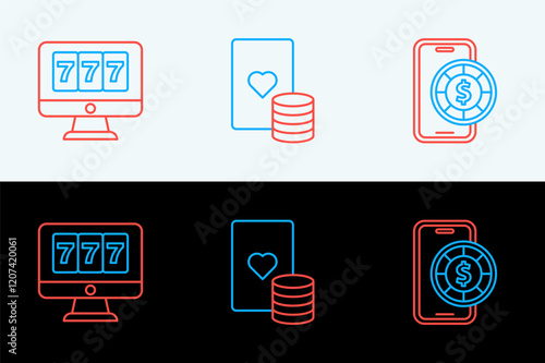 Set line Online poker table game, slot machine with jackpot and Casino chip and playing cards icon. Vector