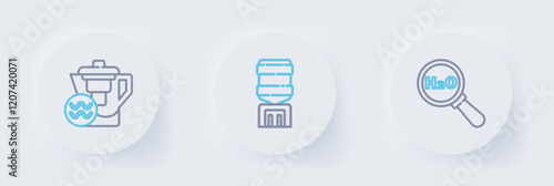 Set line Chemical formula for H2O, Water cooler and jug with filter icon. Vector