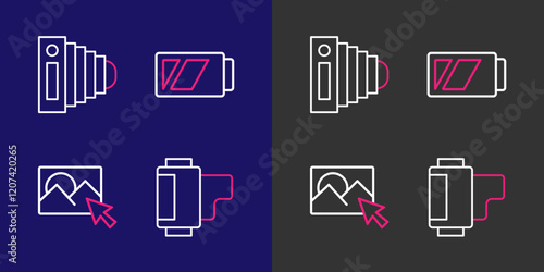 Set line Camera roll cartridge, Photo retouching, Battery for camera and icon. Vector