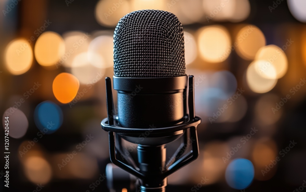 Professional Studio Microphone, ready for recording. A black microphone against a warm, blurry background of studio lights. Capture perfect audio. Professional Studio Microphone, ready for recording. A black microphone against a warm, blurry background of studio lights. Capture perfect audio.