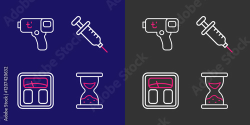 Set line Old hourglass with sand, Bathroom scales, Syringe and Digital thermometer icon. Vector
