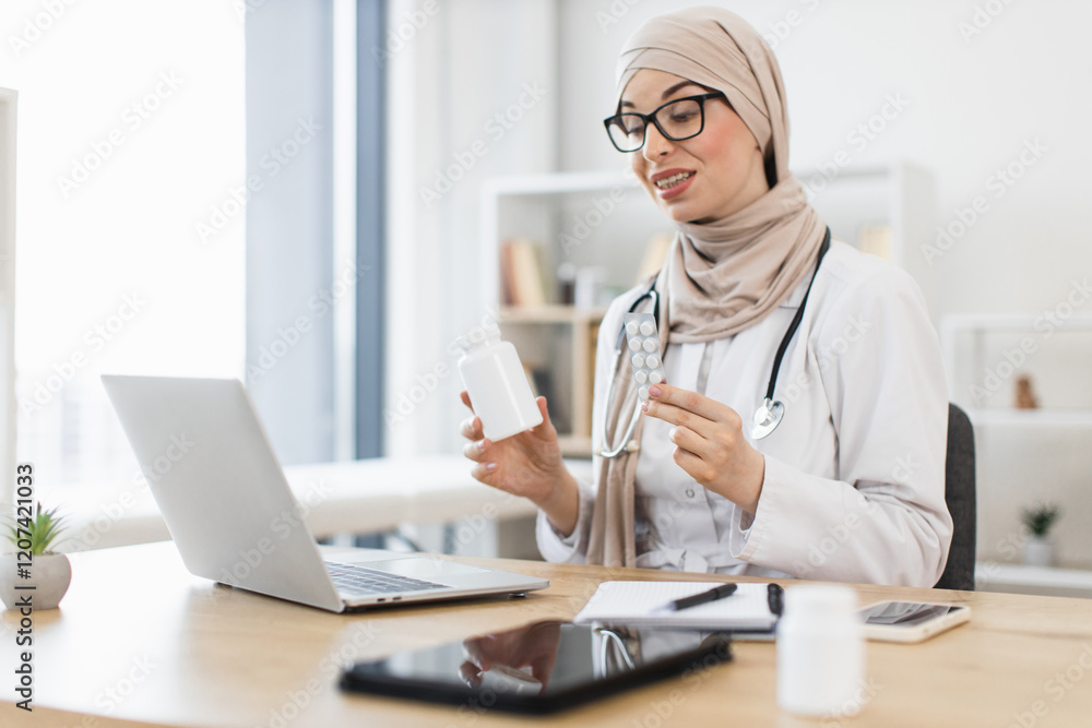 Confident Muslim female doctor having video call with patient, offering medication. Middle Eastern woman in headscarf, stethoscope, interacting through laptop in modern office. Confident Muslim female doctor having video call with patient, offering medication. Middle Eastern woman in headscarf, stethoscope, interacting through laptop in modern office.