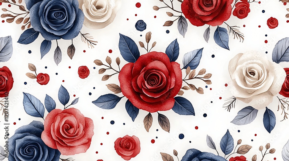 custom made wallpaper toronto digitalElegant floral pattern with red blue and white roses on a clean white background