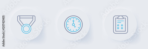 Set line Exam sheet with check mark, Clock and Medal icon. Vector