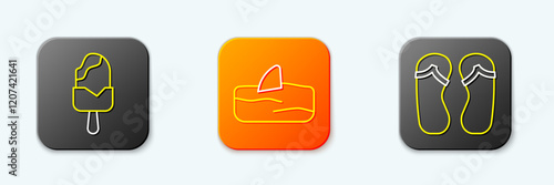 Set line Ice cream, Shark fin in ocean wave and Flip flops icon. Vector