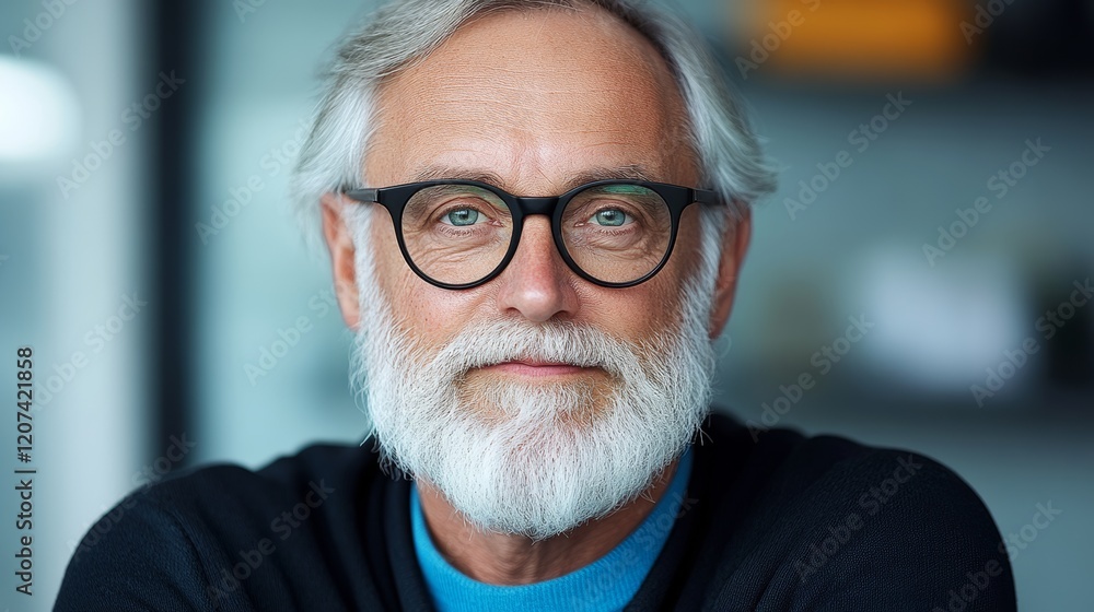 Man with glasses and a beard is smiling. He is wearing a blue shirt and a black sweater Man with glasses and a beard is smiling. He is wearing a blue shirt and a black sweater