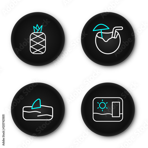 Set line Travel postcard, Shark fin in ocean wave, Coconut cocktail and Pineapple icon. Vector