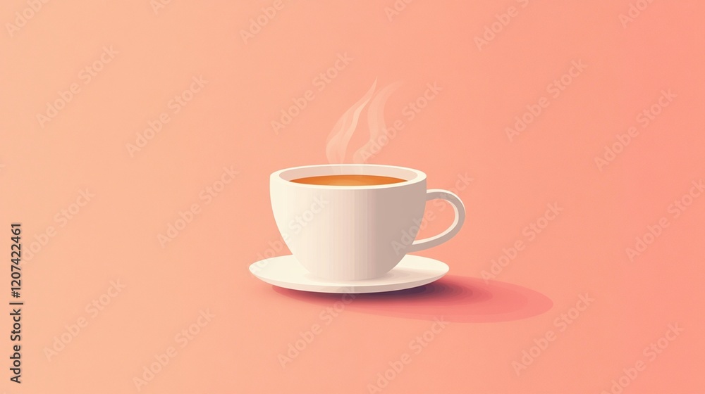 A white coffee cup with steam rising from it sits on a pink background A white coffee cup with steam rising from it sits on a pink background