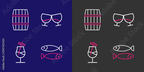 Set line Dried fish, Cocktail, Glass of cognac or brandy and Wooden barrel icon. Vector