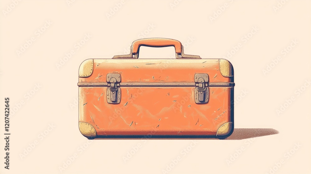 A suitcase with a brown handle sits on a pink background A suitcase with a brown handle sits on a pink background