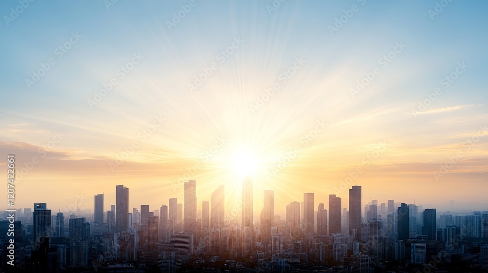 Fototapeta premium Stunning Sunrise Over Urban Skyline with Dramatic Rays of Light Casting a Warm Glow on Tall Buildings and Cityscape in Morning Atmosphere