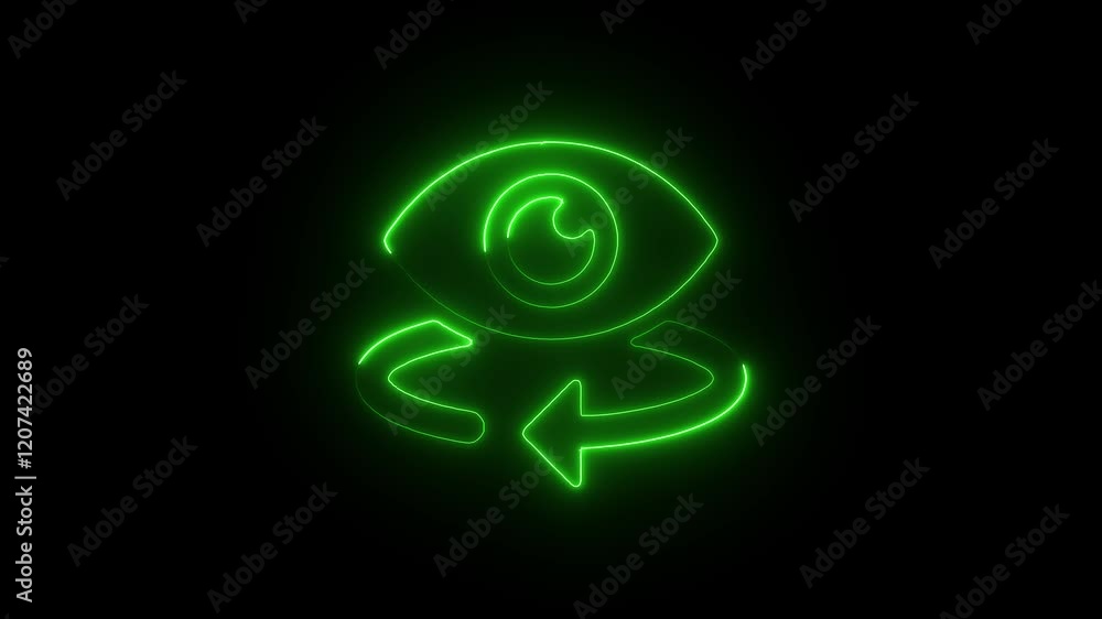 Glowing Neon Eye Icon Animation with Circular Arrow on Black Background, HD Motion Graphic Video Representing Vision and View Glowing Neon Eye Icon Animation with Circular Arrow on Black Background, HD Motion Graphic Video Representing Vision and View