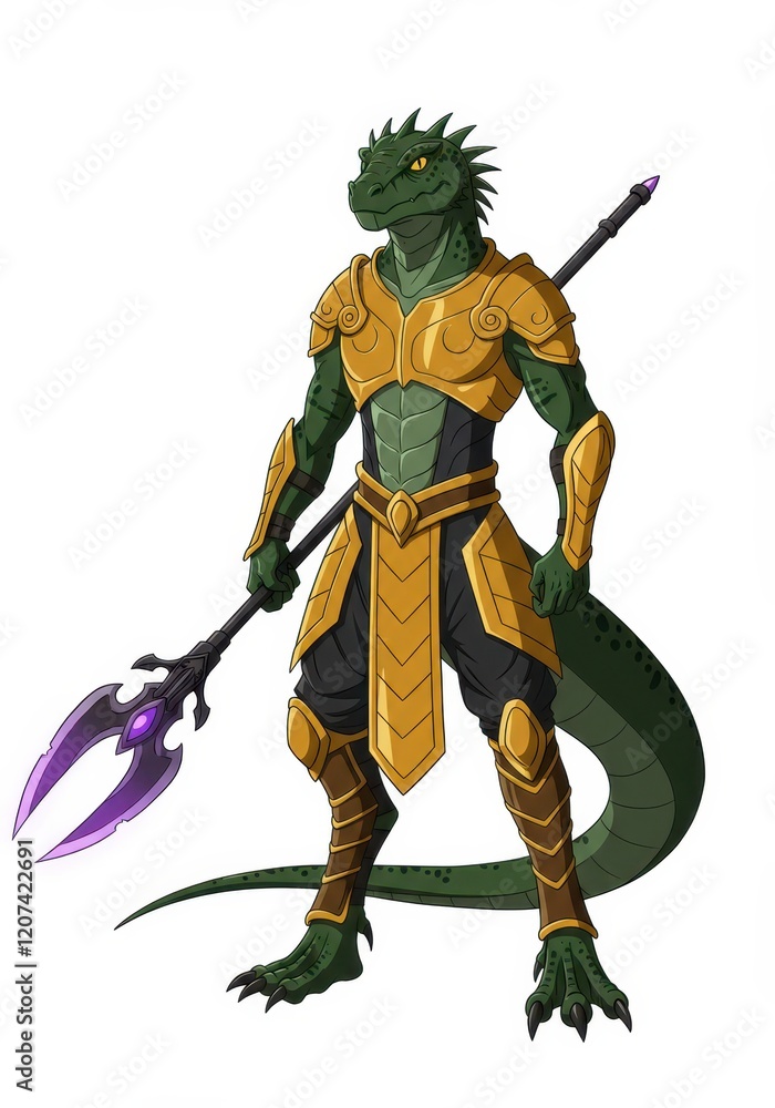 Obraz premium Fantasy lizard warrior with spear in golden armor standing confidently