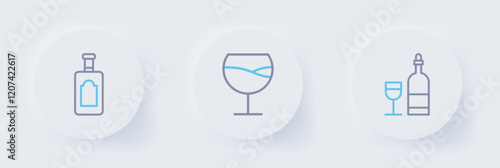 Set line Wine bottle with glass, and Whiskey icon. Vector