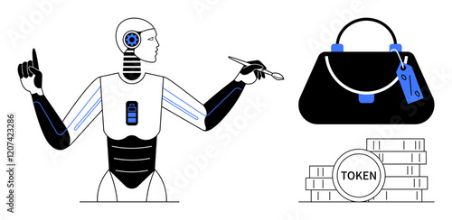 Robot raises hand and holds digital pen, pointing at purse with tag and stack of tokens. Ideal for technology, AI, digital transactions, e-commerce, auctions, cryptocurrency retail. Abstract line
