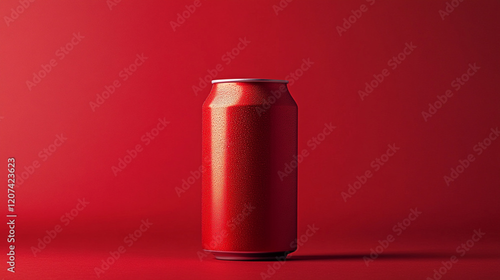vibrant red soda can with condensation stands against matching red background, creating striking visual effect. simplicity and bold color evoke sense of freshness and energy vibrant red soda can with condensation stands against matching red background, creating striking visual effect. simplicity and bold color evoke sense of freshness and energy