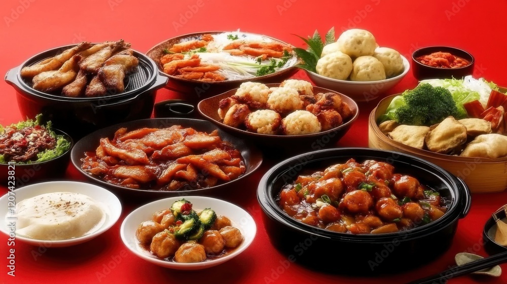 Chinese New Year Family Dinner: A Festive Table Adorned with Fish Balls, Stuffed Buns, and Red Decor, Capturing the Essence of Lunar Celebrations Chinese New Year Family Dinner: A Festive Table Adorned with Fish Balls, Stuffed Buns, and Red Decor, Capturing the Essence of Lunar Celebrations
