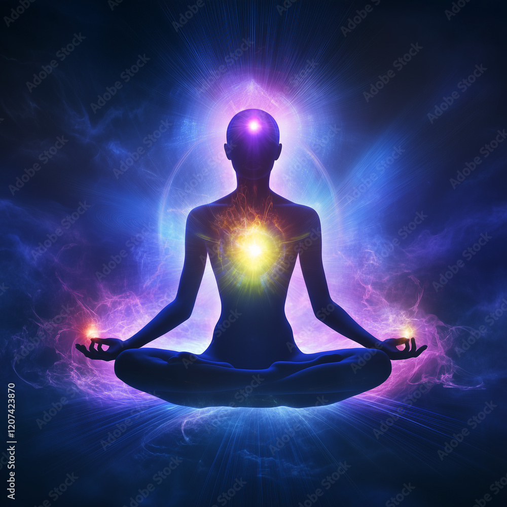 Meditation practice in a cosmic setting with glowing energy surrounding a meditating figure reiki
