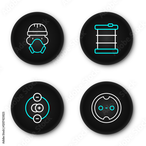 Set line Electrical outlet, Atom, Radioactive waste in barrel and Nuclear reactor worker icon. Vector