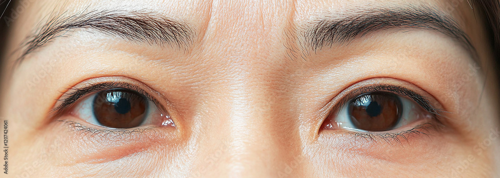 Naklejka premium Close up of expressive older asian eyes showcasing natural crowfeet wrinkles and detail. extra texture of skin around eyes, emphasizing warmth and depth of brown irises