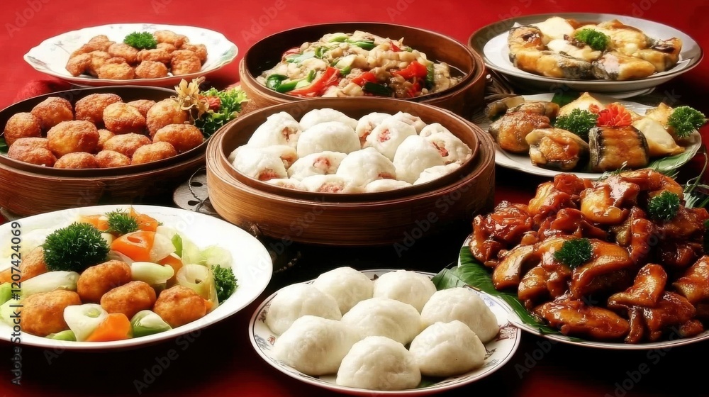 Chinese New Year Family Dinner: A Festive Table Adorned with Fish Balls, Stuffed Buns, and Red Decor, Capturing the Essence of Lunar Celebrations Chinese New Year Family Dinner: A Festive Table Adorned with Fish Balls, Stuffed Buns, and Red Decor, Capturing the Essence of Lunar Celebrations